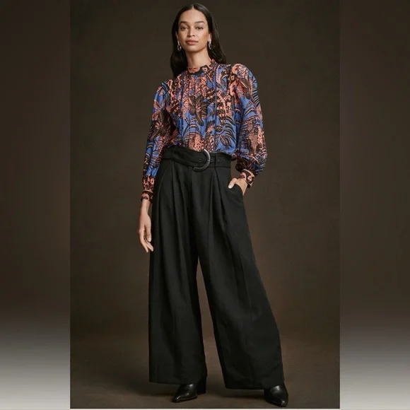 [NWT] $165 FARM RIO Tropical Gold Blue Pleated Long Sleeve Blouse. Size Small - Picture 8 of 12